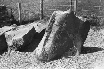 View of of the Brandsbutt symbol stone, Inverurie, showing the ogham inscription.