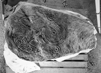 Symbol stone, bearing crescent and V-rod and triple-disc.
Photographed at Cairnton Farm.