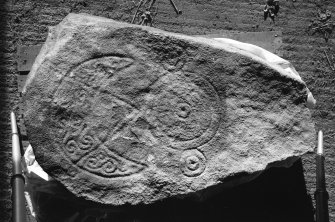 Symbol stone, bearing crescent and V-rod and triple-disc.
Photographed at Cairnton Farm.