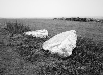 View from east: the recumbent stone with the west flanker beyond