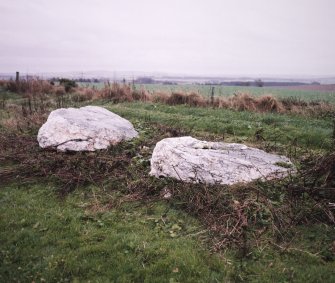 View from west-north-west: the recumbent stone with the west flanker to the right