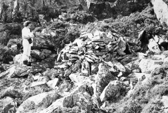 Roofed shieling hut, with Mary Harman.