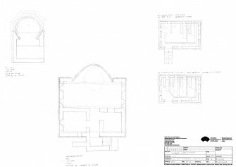 HES survey drawing: Cramond Island Battery, plans of Defence Electric Light (NT17NE 71.04), gun emplacement (NT17NE 100) and engine houses (NT17NE71.01 & NT17NE 71.05).