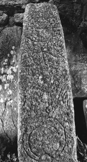 General view of Pictish stone bearing, from the top, a double-disc and Z-rod, a 'beast', and a mirror.