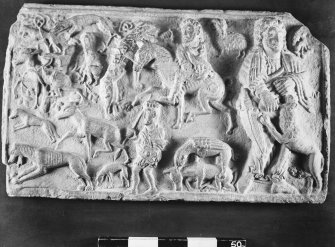 St Andrews Sarcophagus.
Main panel showing David with the lion and accompanying scene.
Panel 1.