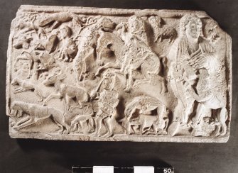 St Andrews Sarcophagus.
Photograph of main panel showing David and the lion and accompanying scene.
Panel 1.