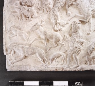 St Andrews Sarcophagus.
Detail of hunting scene, lower left section of sarcophagus front panel.
Panel 1.