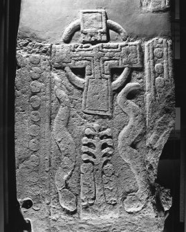Detail of lower portion of cross-slab, on display at Pictavia.