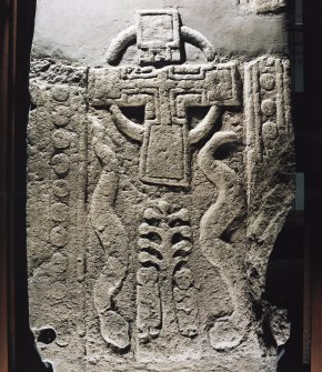 Detail of lower portion of cross-slab, on display at Pictavia.