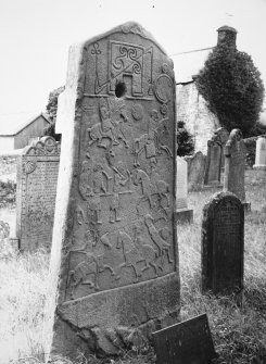 Aberlemno no 2, the Churchyard Stone. Reverse of cross-slab, showing Pictish symbols and battle scene.