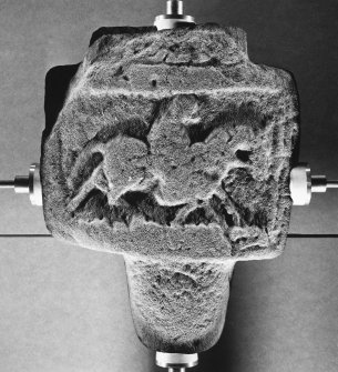 Face of sculptured stone, bearing equestrian figure. On display in Pictavia, Brechin.