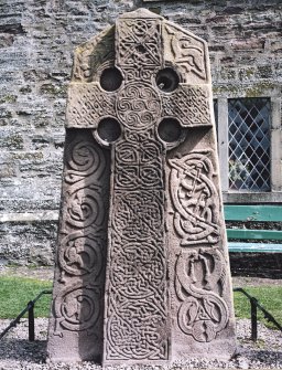 Aberlemno no 2, the Churchyard Stone.
View of cross-bearing face of slab.