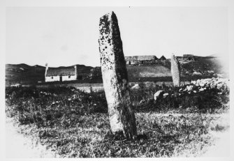 Colonsay, Lower Kilchattan, 'Fingal's Limpet Hammers', general view of standing stones.
Modern copy of historic photograph, inscribed 'Pillar stones at Kilchattan, Colonsay'.