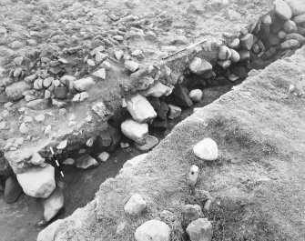 Site X, N facing side of E/W trench, from W, from centre of cairn to 'ring cairn' showing stones in sand