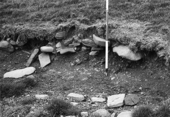 View of exposure of tumbled masonry at foot of terrace on south side of knoll