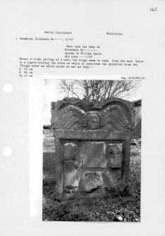 Notes and photographs relating to gravestones in Heriot Churchyard, Edinburgh, Midlothian.