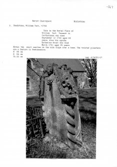 Notes and photographs relating to gravestones in Heriot Churchyard, Edinburgh, Midlothian.