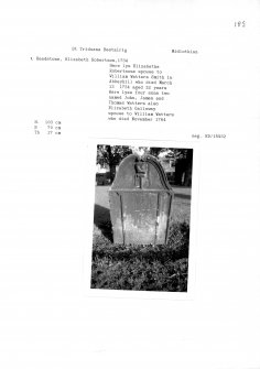 Notes and photographs relating to gravestones in St Triduana's Churchyard, Edinburgh, Midlothian.