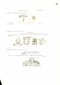 Photographs and research notes relating to graveyard monuments in Alyth Churchyard, Perthshire.		