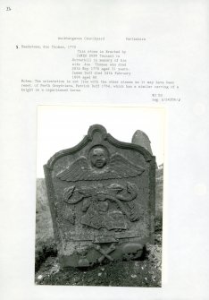 Photographs and research notes relating to graveyard monuments in Auchtergaven Churchyard, Perthshire.		