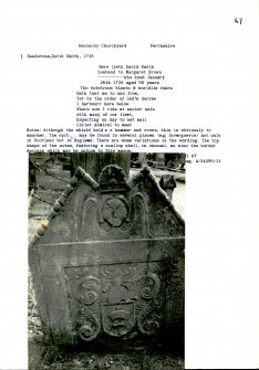 Photographs and research notes relating to graveyard monuments in Bendochy Churchyard, Perthshire.		