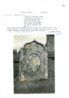 Photographs and research notes relating to graveyard monuments in Collace Churchyard, Perthshire.		