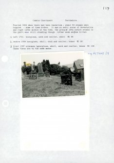 Photographs and research notes relating to graveyard monuments in Comrie Churchyard, Perthshire.		