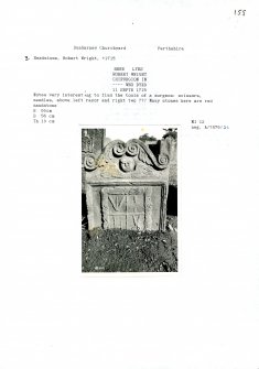 Photographs and research notes relating to graveyard monuments in Dunbarney Churchyard, Perthshire.		