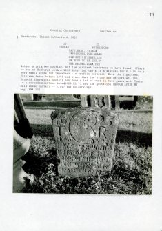 Photographs and research notes relating to graveyard monuments in Dunning Churchyard, Perthshire.		