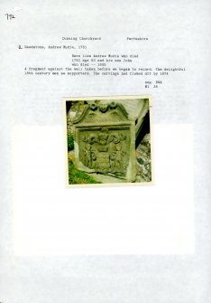 Photographs and research notes relating to graveyard monuments in Dunning Churchyard, Perthshire.		