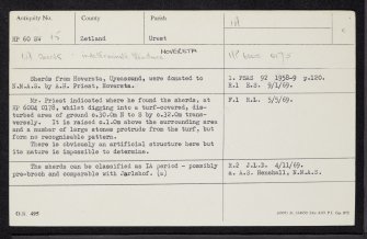 Unst, Hoversta, HP60SW 15, Ordnance Survey index card, Recto