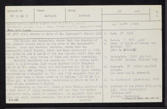 West Burra, Papil , St Laurence's Church, HU33SE 2, Ordnance Survey index card, page number 1, Recto