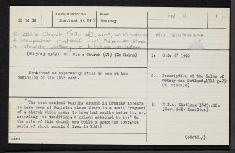 Gunnista, St Ola's Church And Burial-Ground, HU54SW 1, Ordnance Survey index card, page number 1, Recto