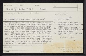 Bressay, St Mary's Church, HU54SW 5, Ordnance Survey index card, page number 1, Recto