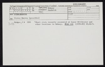 Fiddlerhouse, HY21NE 27, Ordnance Survey index card, Recto