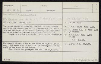 Sandwick, St Peter's Kirk, HY21NW 26, Ordnance Survey index card, Recto