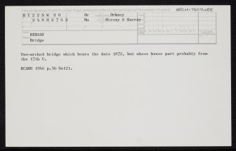 Birsay, Bridge, HY22NW 20, Ordnance Survey index card, Recto