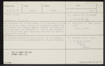 Redland, Firth, HY31NE 15, Ordnance Survey index card, Recto