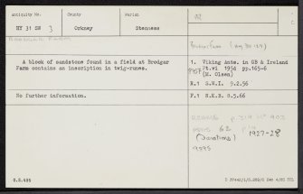 Brodgar Farm, HY31SW 3, Ordnance Survey index card, Recto