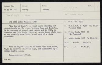 Rousay, Too Of Nugle, HY33SE 20, Ordnance Survey index card, Recto