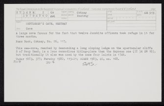 Westray, Gentleman's Cave, HY34NE 2, Ordnance Survey index card, Recto