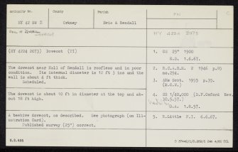 Hall Of Rendall, Dovecot, HY42SW 2, Ordnance Survey index card, Recto