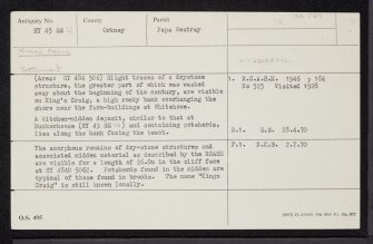 Papa Westray, King's Craig, HY45SE 14, Ordnance Survey index card, Recto