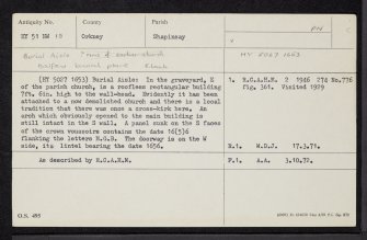 Shapinsay, South Churchyard, Balfour Burial-Aisle, HY51NW 19, Ordnance Survey index card, Recto