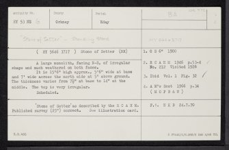 Eday, Stone Of Setter, HY53NE 6, Ordnance Survey index card, Recto