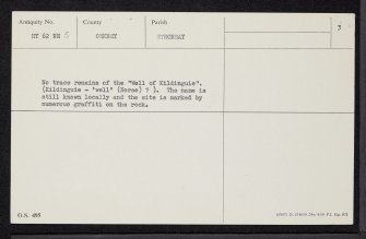 Stronsay, 'Chapel Of Kildinguie', HY62NE 5, Ordnance Survey index card, page number 3, Recto