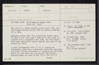 Papa Stronsay, St Nicholas' Chapel, HY62NE 14, Ordnance Survey index card, page number 1, Recto