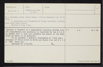 Lewis, North Tolsta, Traigh Geiraha, Caisteal A' Mhorair, NB54NW 1, Ordnance Survey index card, page number 2, Verso