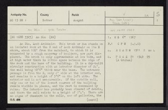 An Dun, Loch Ardbhair, NC13SE 1, Ordnance Survey index card, page number 1, Recto