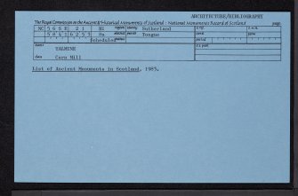 Talmine, Corn Mill, NC56SE 21, Ordnance Survey index card, Recto